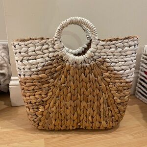 Woven Two-Tone Straw Tote Bag - Natural & Cream